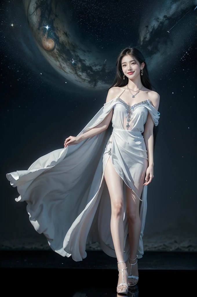(((best quality))),(((ultra detailed))),(((masterpiece))),illustration,((A beautiful female astrologer,solo)),((slim,thin)),((small breasts,flat chest)),((shoulder length straight hair)),(laughing:1.2),(earrings,necklace),(sparkled sheer shirt-dress:1.3),(slender legs),standing beneath a magical summer night, stars twinkling in the velvety darkness,starry sky, sapphire eyes filled with wonder, flowing ethereal gown mimicking the stars, silver pendant shaped like a horoscope,serene smile and captivating gaze, celestial beauty and mystery, solace and inspiration in the vast expanse of the universe,((from front,full body))