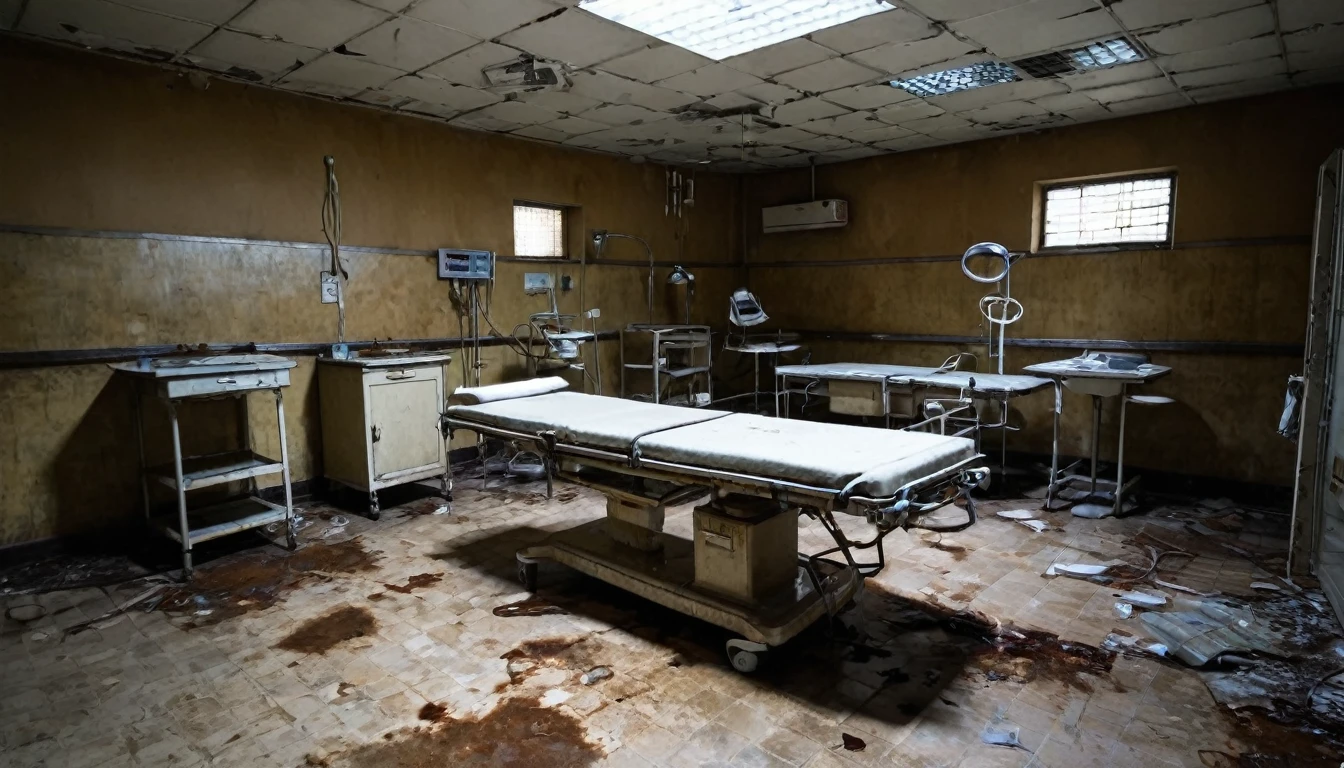 Rusty operating tables and medical equipment were scattered around.、Abandoned hospital with dark stains on the walls