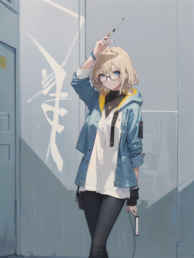 Design a cool girl with glasses, a jacket, and a cigarette. She has a confident and stylish appearance with a modern, urban look. Her glasses are trendy, complementing her sharp features and expressive eyes. She wears a fashionable jacket, either leather or denim, that adds to her edgy vibe. She holds a cigarette in a relaxed, nonchalant manner, adding to her cool demeanor. Her hair is styled in a contemporary fashion. The background features an urban setting with graffiti or cityscape elements, enhancing the modern and stylish atmosphere.