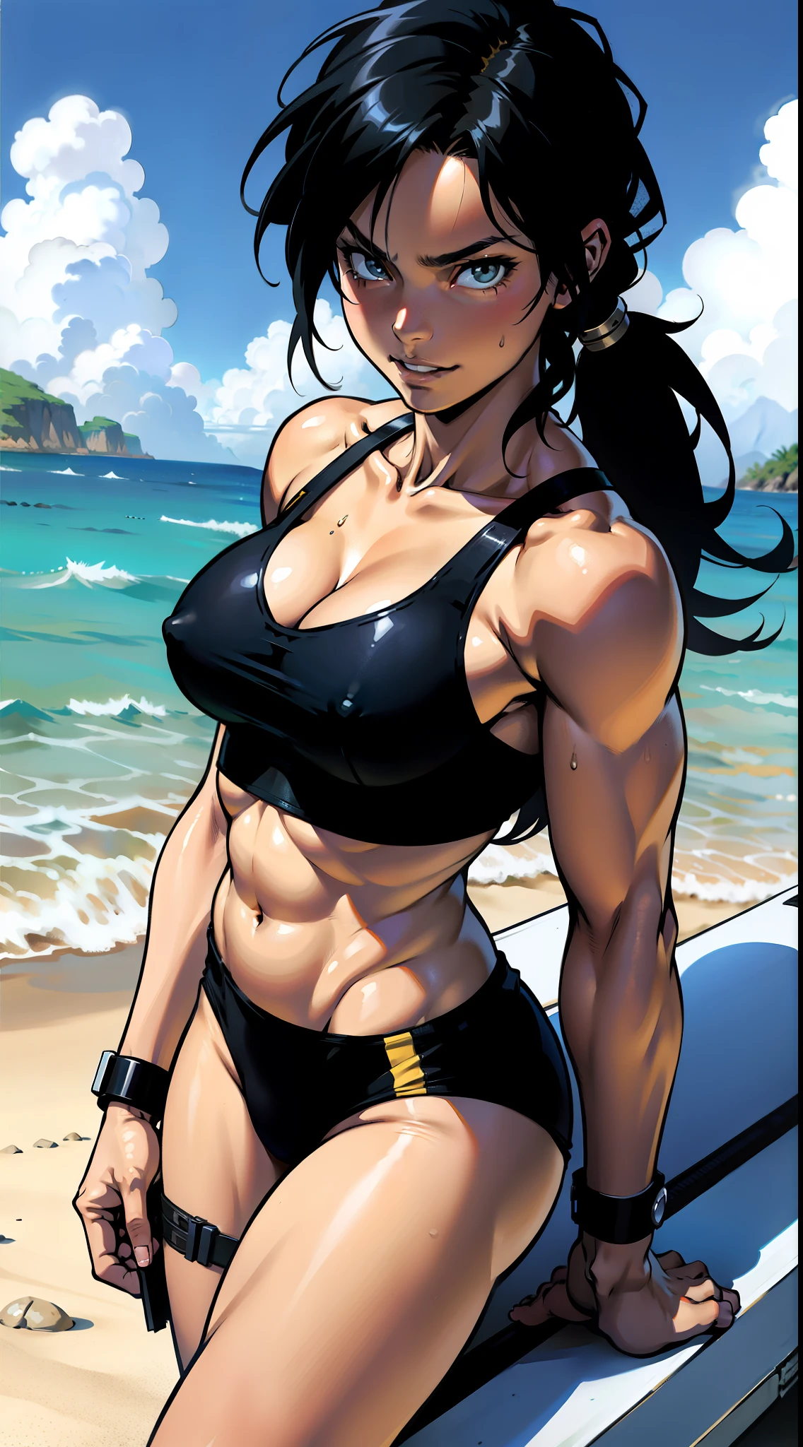 アニメ cel-shading Lara Croft, bikini, on the beach in ((anime + manga + comics + cartoon) style) 