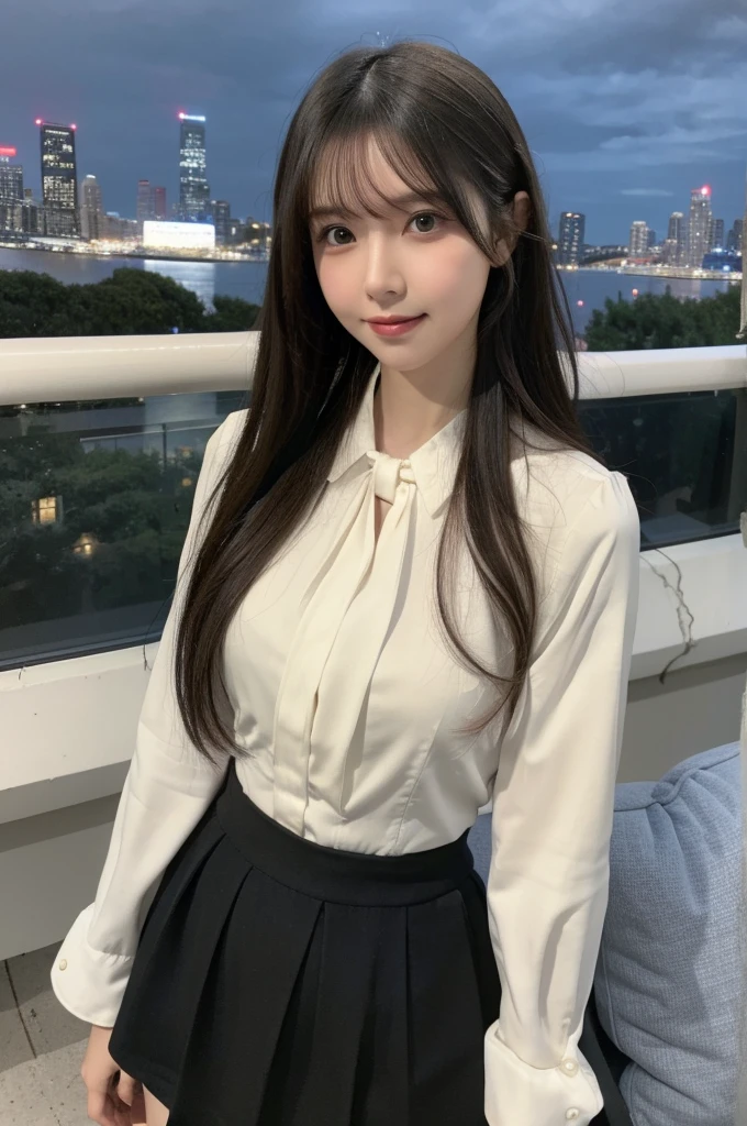 (masterpiece:1.3), (best quality:1.1), (8k, ultra detailed, ultra high res:1.2), ((anime style)), perfect 5 fingers, perfect anatomy, on right, 
1girl, A-line skirt, Beige skirt, blouse, ((black blouse)), 
BREAK long hair, wavy hair, black hair, 
(small breasts:0.9), smile, BREAK looking away, 
cowboy shot, standing, leaning back, 
(detailed background:1.2), outdoor, outside, ((Night city view:1.3)), skyline, 