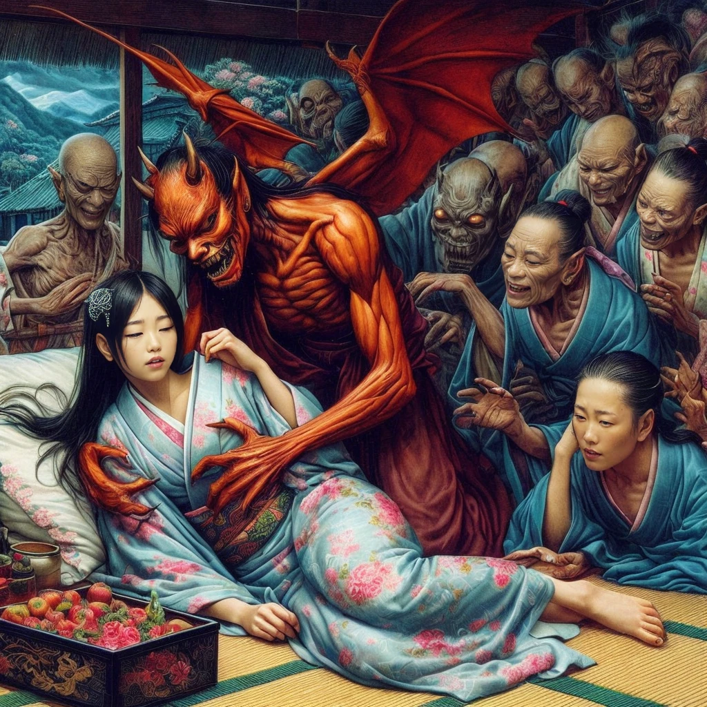 A picture of a woman in a kimono Demon's kimono, Japanese Horror, Japanese Fantasy, Devil sitting style, James Jean Marc Simonetti, Japanese Pop Surrealism, Japanese Pop Surrealism, Horror fantasy art, Painting by Dan Mumford, Dan Mumford's Artwork Style, And Mumford Tom Bagshaw, Jason Edmiston, Rob Ray and Kentaro Miura Style