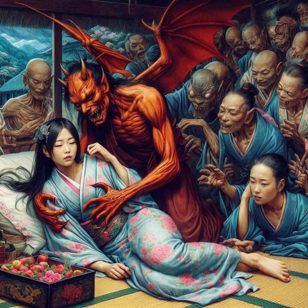 A picture of a woman in a kimono Demon&#39;s kimono, Japanese Horror, Japanese Fantasy, Devil sitting style, James Jean Marc Simonetti, Japanese Pop Surrealism, Japanese Pop Surrealism, Horror fantasy art, Painting by Dan Mumford, Dan Mumford&#39;s Artwork Style, And Mumford Tom Bagshaw, Jason Edmiston, Rob Ray and Kentaro Miura Style