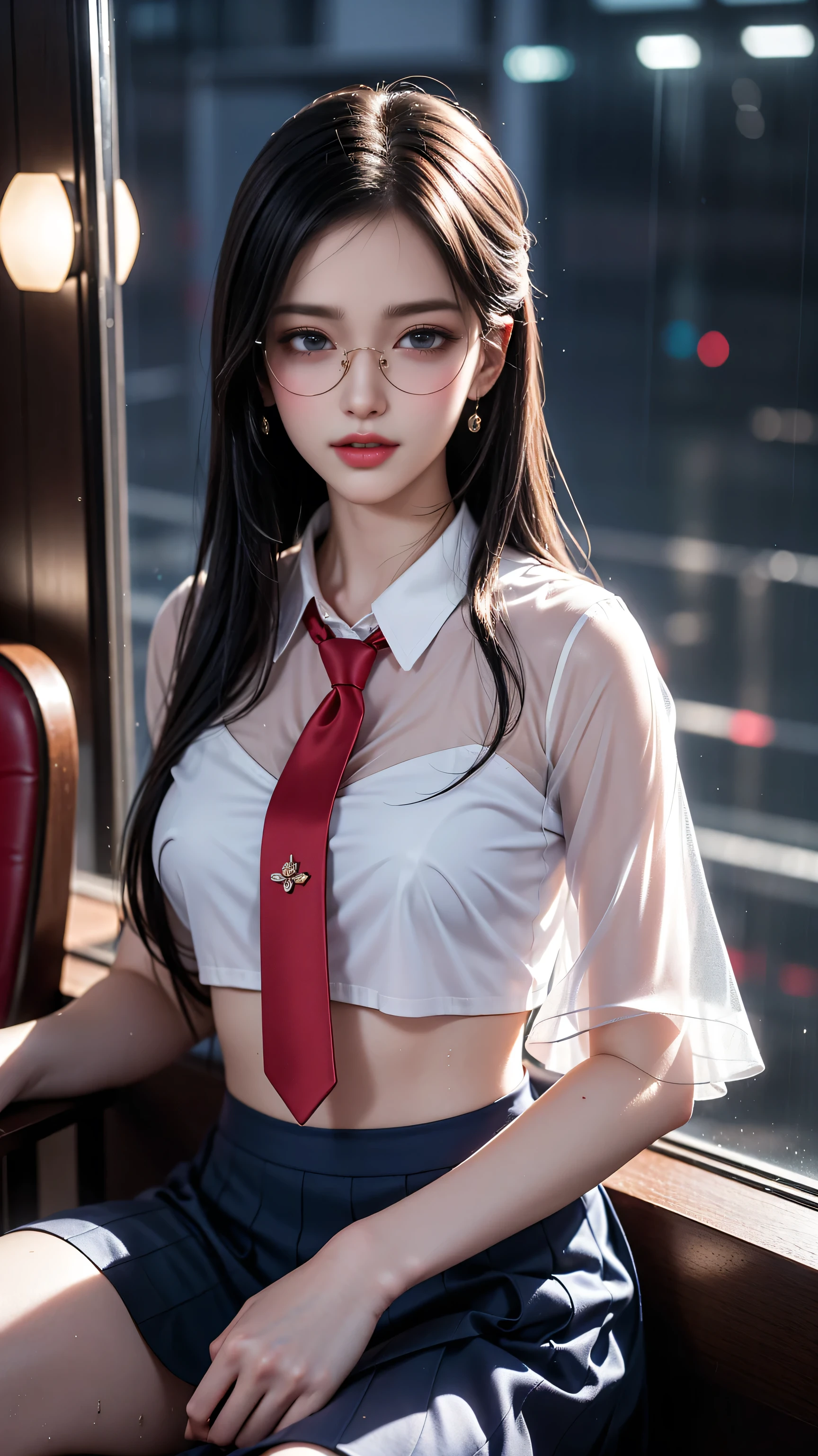 (RAW shooting, Photorealistic:1.5, 8K, Highest quality, masterpiece, Ultra-high resolution), Perfect dynamic composition:1.2, Night Street Corner, Looking up at the sky:1.3, (((Heavy rain from a typhoon))), Highly detailed skin and facial textures:1. 2, A slim high school girl wet with rain:1.3, Sexy beauty, Perfect Style:1.2, Aesthetic and beautiful, Fair skin, Very beautiful face, (Rain dripping all over my body:1. 2, Wet Hair:1.4, Wet Hair:1. 2）、Water droplets on the skin、（Medium chest、Chest gap）、（Shy laugh、The expression when feeling intense caressing、Facial expression when feeling pleasure）、（Beautiful blue eyes)、perfect body、Perfect fingertips（Girl sitting on train seat）、Highest quality works、Live-action work、Ultra Premium Graphics、8K HD CG Works、High Quality Graphics、High-definition CG works、10x pixels、Ultra-fine details：1. 1、Advanced technical details：1.1、Photorealistic、Indoor Lighting Effects：1.5、Natural light：1.5。Lighting Effects（Virtual Lighting Effects：1. 8），（Golden white short hair），（Bob Hair），（close your eyes），（Thin eyebrows），（High nose），（Clean red lips），（Rose Cheeks），（Subtle makeup face），（Girl），（Cute face），（Perfectly balanced face），（Light-toned foundation），（Enhances the clarity of the skin）((Translucent wet white blouse、Red tie、Navy blue checked skirt)).（ Wet light blue bra、Pink nipples)、
40k, photograph, On the table, Highest quality, Rain Background, ((Light Hair Girl, She has a beautiful face and、Wear glasses, 