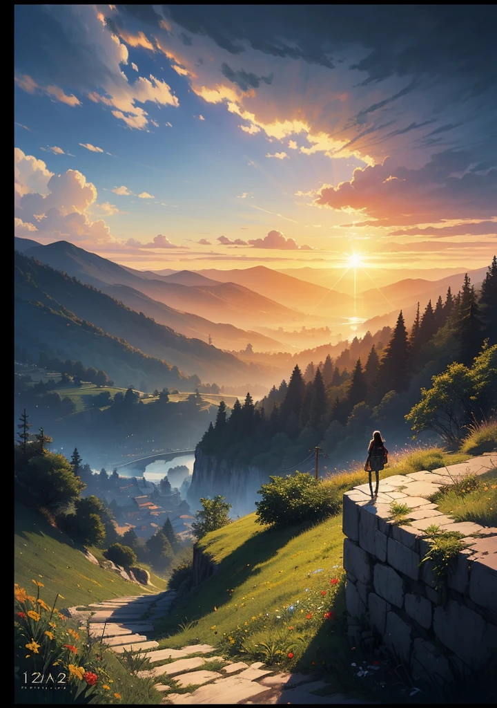 ((12k quality), ((concept art)), (detailed), Young Odyssey watching sunset from a valley,
Sun rises between two connected hills.