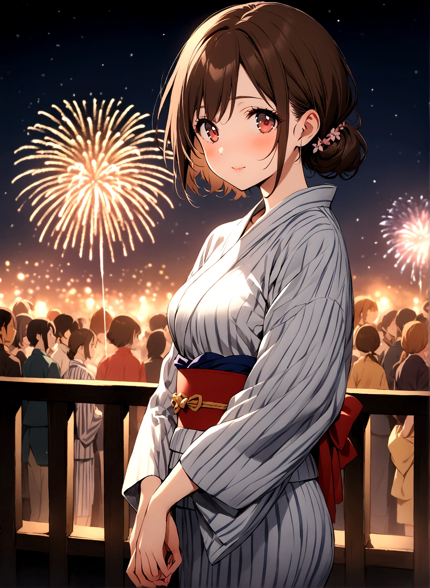 masterpiece, Highest quality,Chizuru Mizuhara, One girl,Beautiful Eyes,Dark brown hair,yukata,whole body,Fireworks display