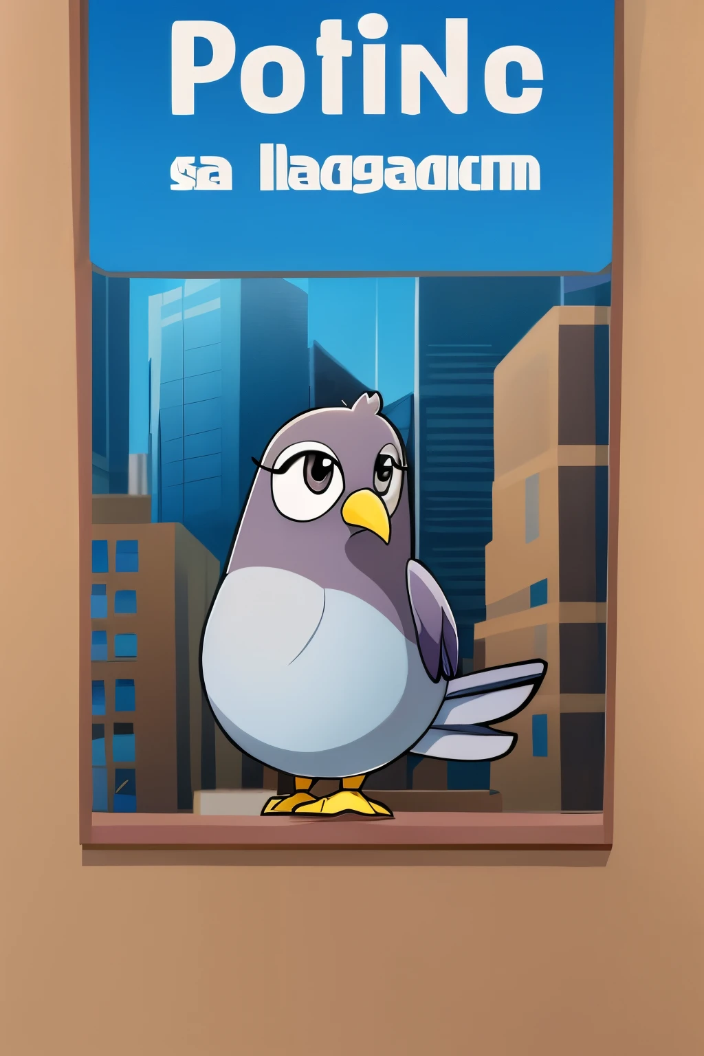 Please keep the background as it is and make the pigeon&#39;s face face forward.。Please make the pigeon a more mascot character that is more familiar to women.。