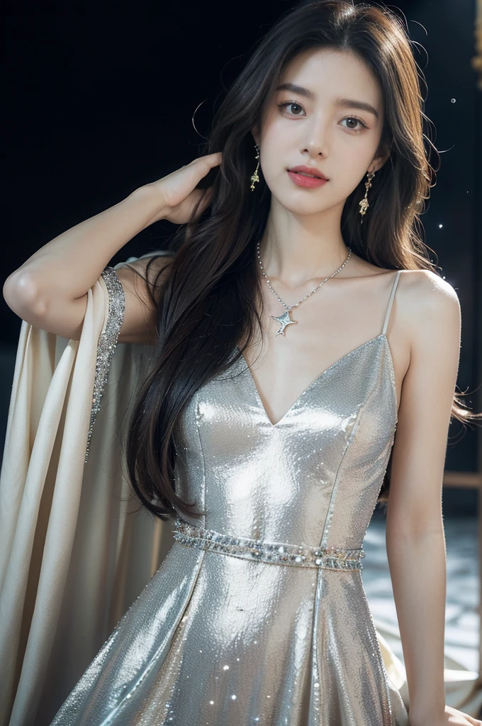 (((best quality))),(((ultra detailed))),(((masterpiece))),illustration,((A beautiful female astrologer,solo)),((slim,thin)),((small breasts,flat chest)),((shoulder length straight hair)),(laughing:1.2),(earrings,necklace),(sparkled sheer shirt-dress:1.3),standing beneath a magical summer night, stars twinkling in the velvety darkness,starry sky, sapphire eyes filled with wonder, flowing ethereal gown mimicking the stars, silver pendant shaped like a horoscope,serene smile and captivating gaze, celestial beauty and mystery, solace and inspiration in the vast expanse of the universe,((from front,upper body))