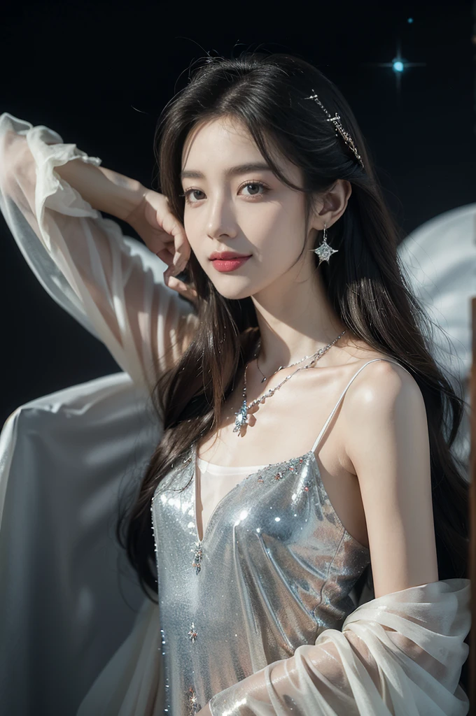 (((best quality))),(((ultra detailed))),(((masterpiece))),illustration,((A beautiful female astrologer,solo)),((slim,thin)),((small breasts,flat chest)),((shoulder length straight bob hair)),(laughing:1.2),(earrings,necklace),(strapless sparkled sheer bra:1.3),standing beneath a magical summer night, stars twinkling in the velvety darkness,starry sky, sapphire eyes filled with wonder, flowing ethereal gown mimicking the stars, silver pendant shaped like a horoscope,serene smile and captivating gaze, celestial beauty and mystery, solace and inspiration in the vast expanse of the universe,((from front,close-up of face))