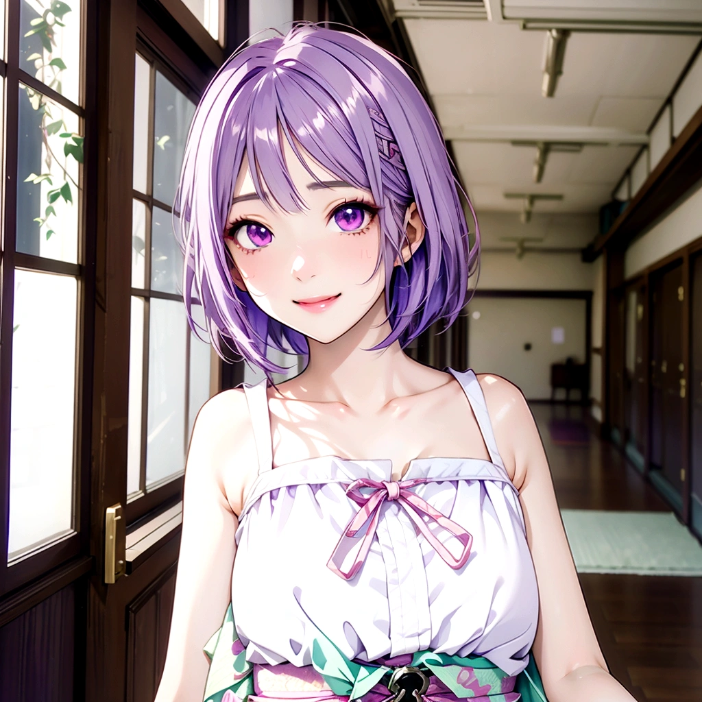 Red Eyes、Toothy smile、Anime girl with purple hair and white top standing in a hallway, Realistic Anime 3D Style, Cute realistic portrait, My Dress Up Darling Anime, Semi-realistic anime, Semi-realistic anime style, Anime-style 3D, Realistic young anime girl, Smooth anime CG art, 3D Anime Real, Semi-realistic anime, Stylized anime, Cute Anime Girl