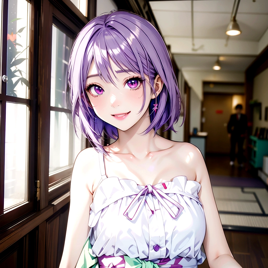 Red Eyes、Toothy smile、Anime girl with purple hair and white top standing in a hallway, Realistic Anime 3D Style, Cute realistic portrait, My Dress Up Darling Anime, Semi-realistic anime, Semi-realistic anime style, Anime-style 3D, Realistic young anime girl, Smooth anime CG art, 3D Anime Real, Semi-realistic anime, Stylized anime, Cute Anime Girl