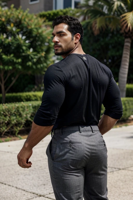 A Hispanic black man with a face that looks like Henry Cavill. black man, His body is muscular and he has a toothed beard.. Big Butt, in a moment of reflection. full body. Black Fajada shirt, semi formal clothing, grey pants, backside.