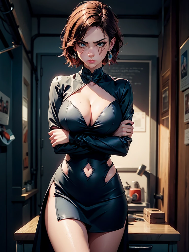 1girl, arm under breasts, arms under breasts, breast hold, breasts, cleavage, cleavage cutout, clothing cutout, covered navel, crossed arms, dress, earrings, frown, large breasts, long sleeves, looking at viewer, short hair, skirt, solo, thighs masterpiece, best quality, digital art , 3d art, science fiction, sultry look, seductive,