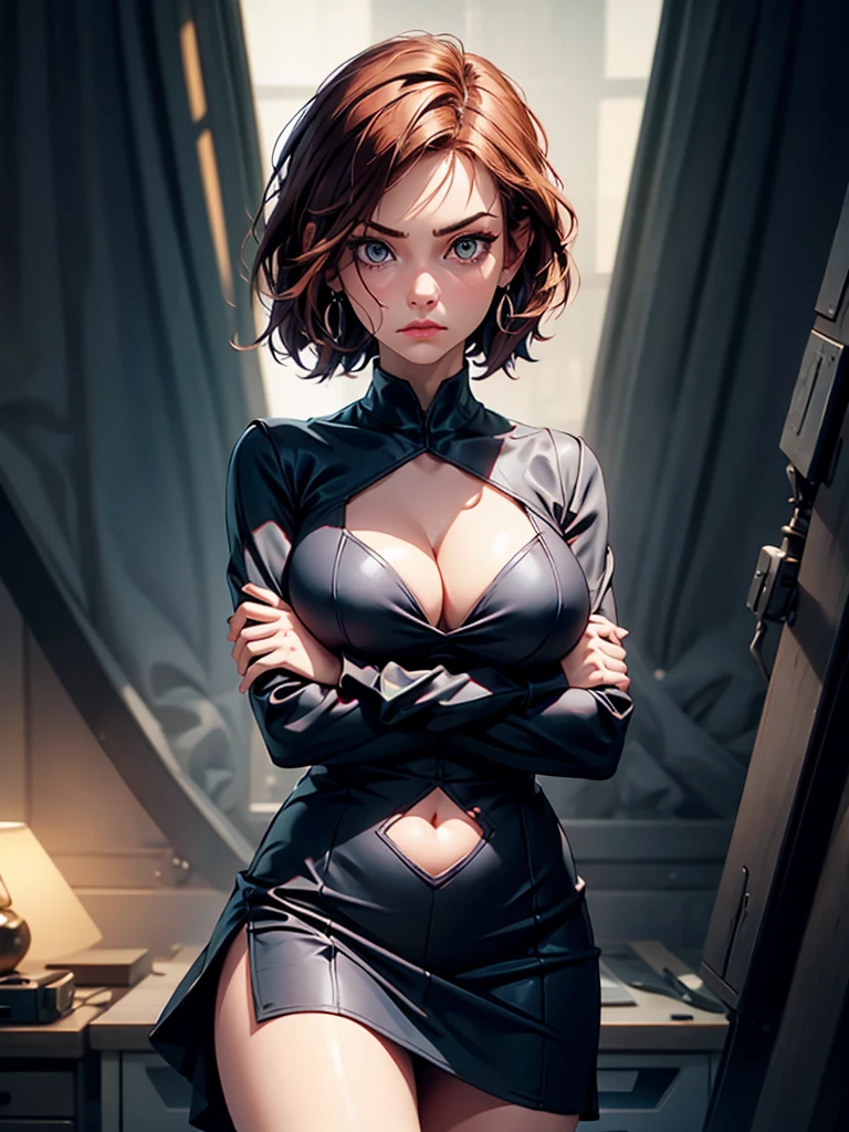 1girl, arm under breasts, arms under breasts, breast hold, breasts, cleavage, cleavage cutout, clothing cutout, covered navel, crossed arms, dress, earrings, frown, large breasts, long sleeves, looking at viewer, short hair, skirt, solo, thighs masterpiece, best quality, digital art , 3d art, science fiction, sultry look, seductive,
