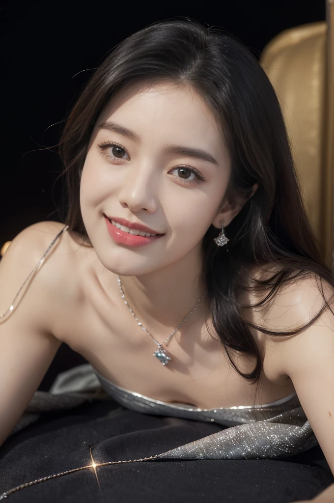 (((best quality))),(((ultra detailed))),(((masterpiece))),illustration,((A beautiful female astrologer,solo)),((slim,thin)),((small breasts,flat chest)),((shoulder length straight hair)),(laughing:1.2),(earrings,necklace),(strapless sparkled sheer bra:1.3),standing beneath a magical summer night, stars twinkling in the velvety darkness,starry sky, sapphire eyes filled with wonder, flowing ethereal gown mimicking the stars, silver pendant shaped like a horoscope,serene smile and captivating gaze, celestial beauty and mystery, solace and inspiration in the vast expanse of the universe,((from front,close-up of face))