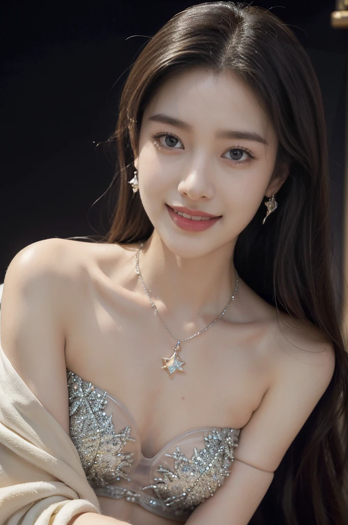 (((best quality))),(((ultra detailed))),(((masterpiece))),illustration,((A beautiful female astrologer,solo)),((slim,thin)),((small breasts,flat chest)),((shoulder length straight hair)),(laughing:1.2),(earrings,necklace),(strapless sparkled sheer bra:1.3),standing beneath a magical summer night, stars twinkling in the velvety darkness,starry sky, sapphire eyes filled with wonder, flowing ethereal gown mimicking the stars, silver pendant shaped like a horoscope,serene smile and captivating gaze, celestial beauty and mystery, solace and inspiration in the vast expanse of the universe,((from front,close-up of face))