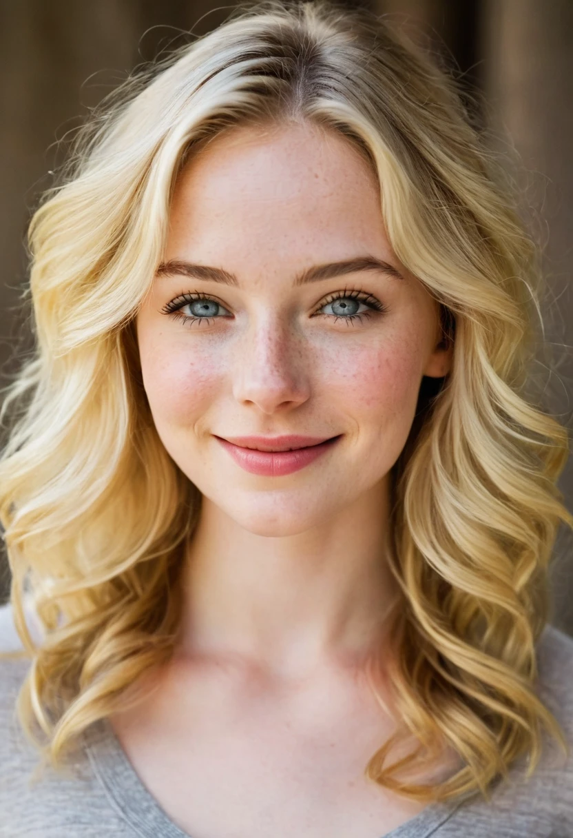 Woman, americana, age 25, pale skin and freckles, gray eyes, delicate nose, soft and delicate lips, far away, cabelo blondie far away e ondulado na altura da cintura, sweet smile, face with delicate feminine facial features, highly rendered