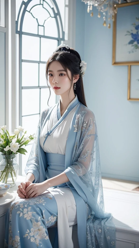 Exquisite hyper-realistic style Chinese beauty,Clothing integrates blue and white porcelain art design,Surrounded by gorgeous decorations,Classical temperament,Light and shadow create a quiet atmosphere,Soft light brings hazy beauty