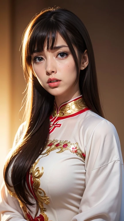 Fashion magazine gravure、One Girl, Highest quality、masterpiece、Ultra-high resolution、(Cowboy Shot),(Realistic), (Ultra-realistic), (Ultra-high resolution), (Ultra-high resolution), (One Girl), ((Ultra-Realistic Details)),(Realistic:1.4)Beautiful Face, Cute face, 、RAW Photos, Highest quality,masterpiece,Highest quality,Ultra-high resolution),Best Images, (8K, RAW Photos, Realistic), A neat and beautiful Japanese woman, Rainbow light brown straight hair, big, Sparkling blue eyes, Long eyelashes, double eyelid, Half-open crimson alluring moist big thick lips, Large Breasts, Side bust, Down , Abdominal muscles, thin, Perfect proportions, whole body, Black ao dai with gold embroidery, Blurred background red
