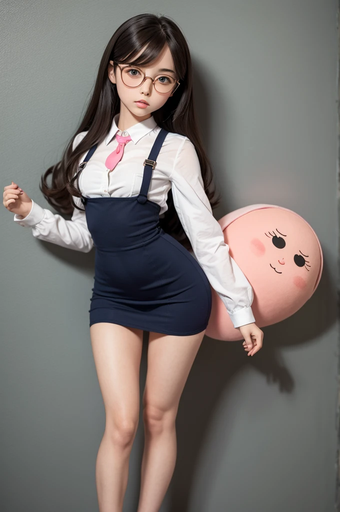 Girl with round glasses, doll body, flat hair, preppy