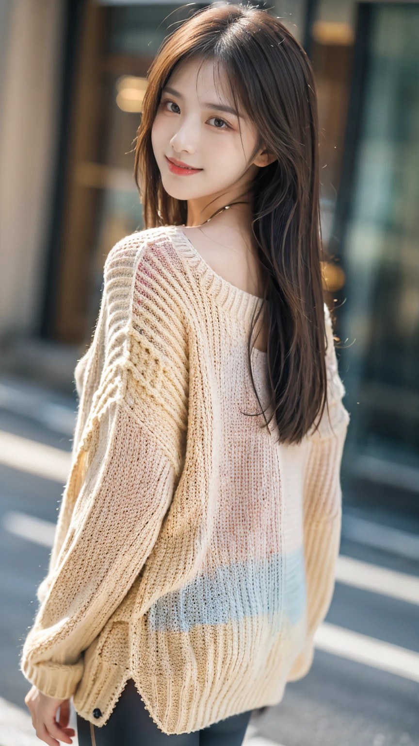 Masterpiece, The best quality, Ultra-high resolution, High detail photo, Unity 8K Wallpaper, Extremely detailed CG:1.2), depth of field, bokeh, (RAW photo:1.Realistic photography:1.4), (1girl:1.5), YOUNG, physically based representation, beautiful, (Finely detailed face:1.4, Detailed clothing), (detailed:1.4) named (eimi fukada:1.1) BREAK Cara hermosa, depth of field, Add layer, hyperrealistic, 27 years old, perfect body model, , 175cm tall, pose sexy, full body, whole body, Model Body Type, BREAK (oversized sweater, leggings:1.3), (long hair:1.2), double eyelid BREAK street view, selfie,, cute smile