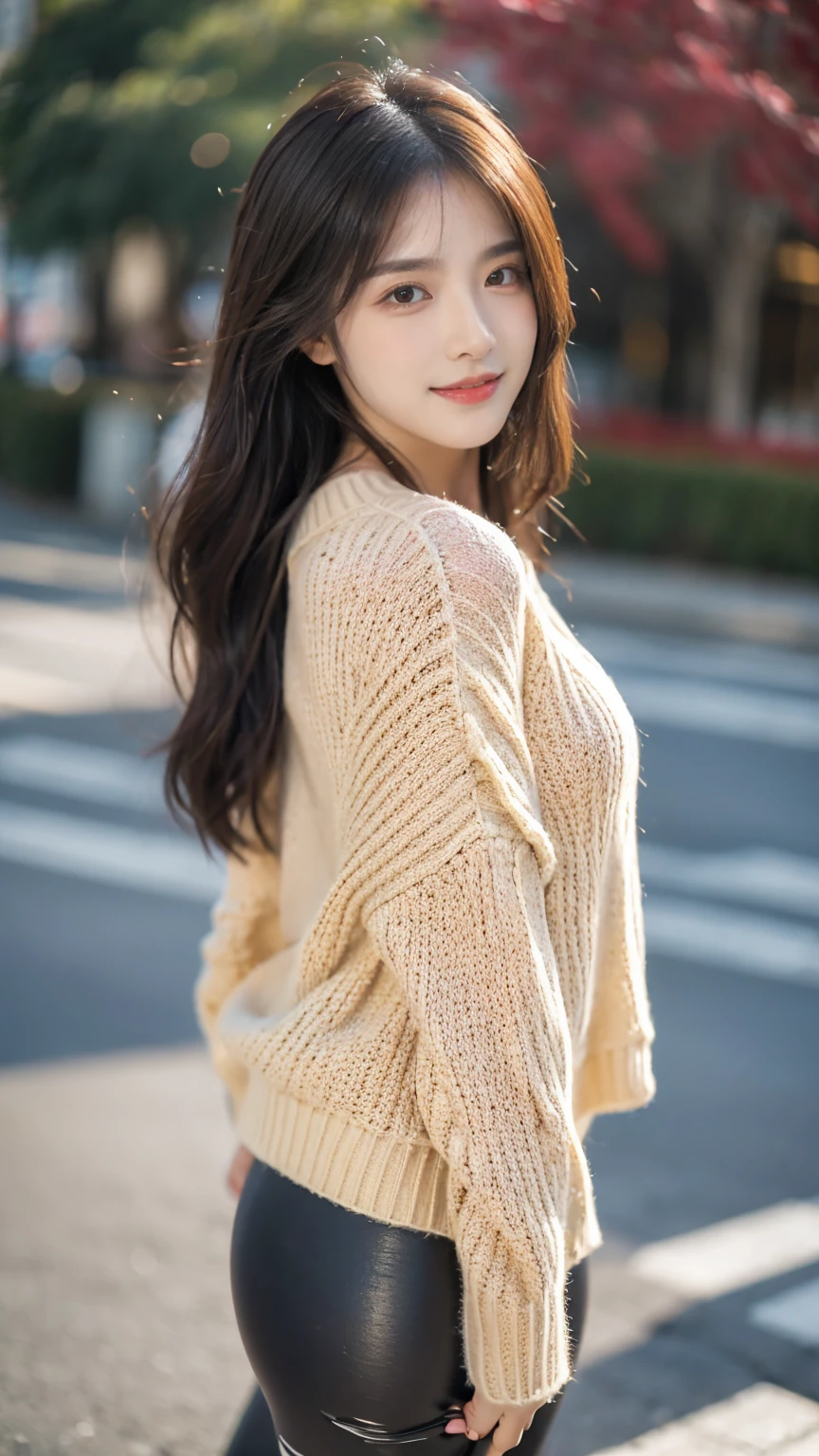 Masterpiece, The best quality, Ultra-high resolution, High detail photo, Unity 8K Wallpaper, Extremely detailed CG:1.2), depth of field, bokeh, (RAW photo:1.Realistic photography:1.4), (1girl:1.5), YOUNG, physically based representation, beautiful, (Finely detailed face:1.4, Detailed clothing), (detailed:1.4) named (eimi fukada:1.1) BREAK Cara hermosa, depth of field, Add layer, hyperrealistic, 27 years old, perfect body model, , 175cm tall, pose sexy, full body, whole body, Model Body Type, BREAK (oversized sweater, leggings:1.3), (long hair:1.2), double eyelid BREAK street view, selfie,, cute smile