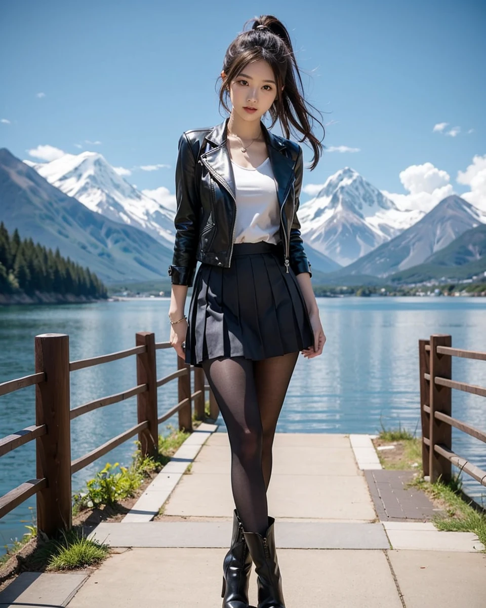 Beautiful Japanese waifu, early 30s, brunette hair, black jacket, pleated skirt, ankle high boots 