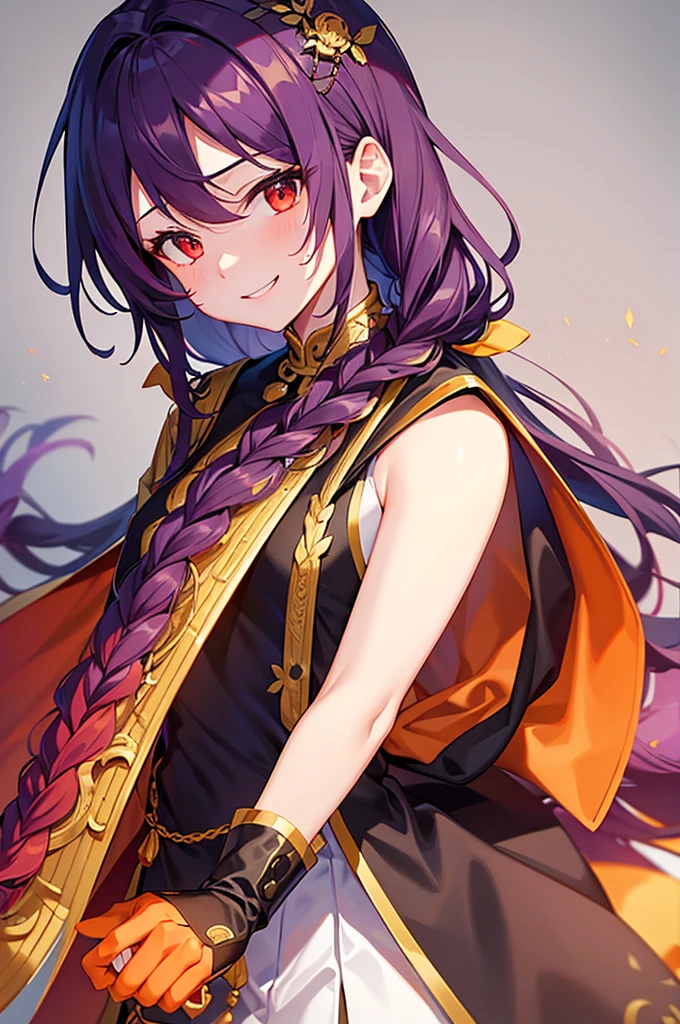 {{masterpiece}}, The best quality of life, Highly detailed CG Unity 8k wallpaper、Young people, Charm、(Long purple hair with some orange、The hair is braided in a single braid.)、Red eyes、Beautiful details in the eyes、White background、Anime characters、((Black Kung Fu Suit、Red and yellow decoration)Men wearing)、(Smiling young man、Man standing facing forward)、juvenile、(White background)