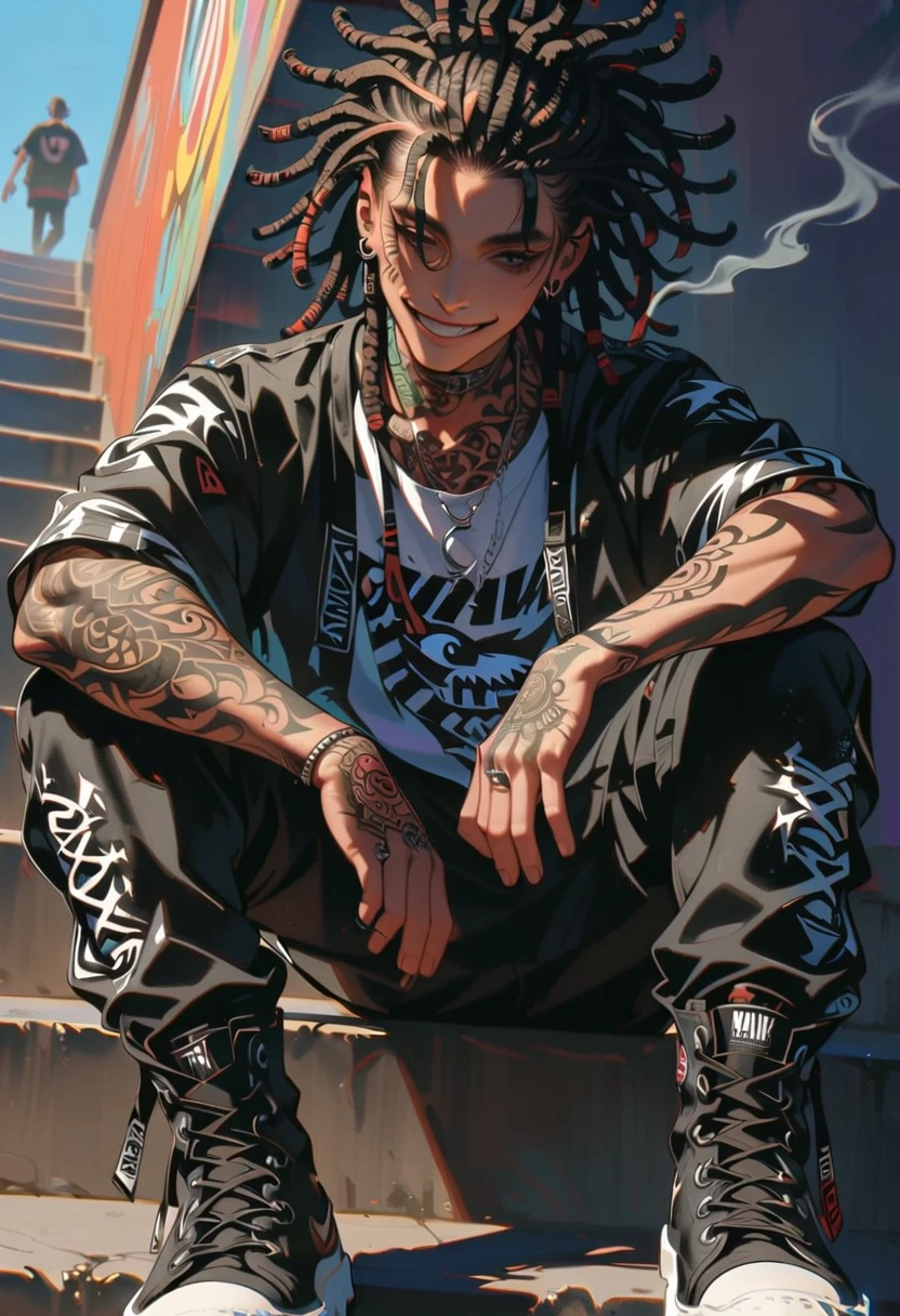 style 9, a boy with raven hair, dreadlocks, black eyes, tattoos, punk style clothing, smiling while smoking, dark skin, sitting on some stairs