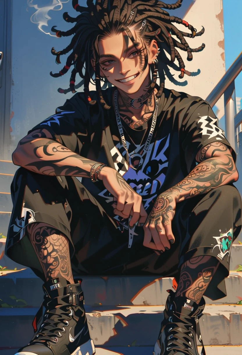 style 9, a boy with raven hair, dreadlocks, black eyes, tattoos, punk style clothing, smiling while smoking, dark skin, sitting on some stairs