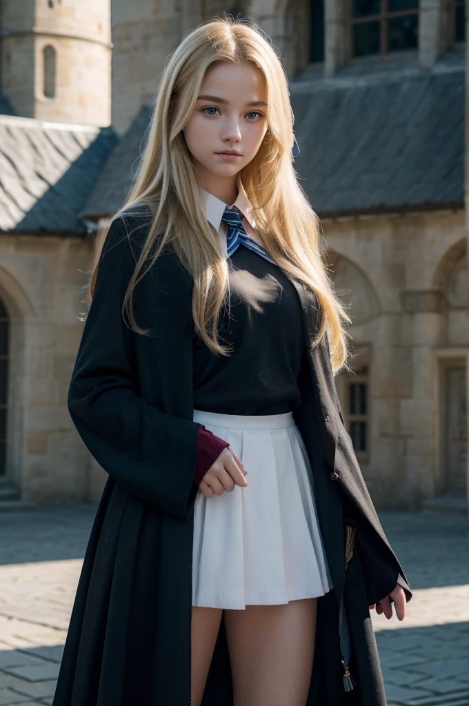 best quality, 8k, very delicate and beautiful, highly detailed face and skin texture, shiny skin, high resolution, beautiful blond long hair teenage girl wearing black hogwarts uniform and blue stripes stand in front of castle, revenclaw, sharp focus