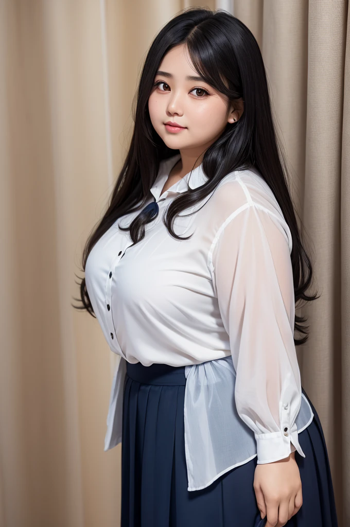 a chubby, curtain, eyes browns, long black hairs, wears a white blouse and a long navy blue skirt