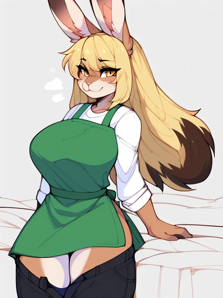 (highly detailed), ((Masterpiece)), ((Best Quality)), by claweddrip, by ressue, by pudgeruffian, by fleet-foot, by thericegoat, solo, female, rabbit, rabbit tail, (lop ears:1.1), blonde hair, long straight hair, beige fur, yellow eyes, bright eyes, medium breast, plump, ((white shirt)), ((green apron)), ((black pants)), No clothes on the bed, big breasts