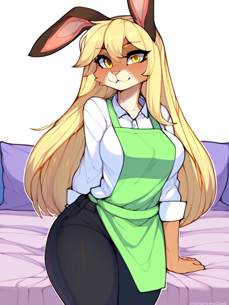 (highly detailed), ((Masterpiece)), ((Best Quality)), by claweddrip, by ressue, by pudgeruffian, by fleet-foot, by thericegoat, solo, female, rabbit, rabbit tail, (lop ears:1.1), blonde hair, long straight hair, beige fur, yellow eyes, bright eyes, medium breast, plump, ((white shirt)), ((green apron)), ((black pants)), No clothes on the bed, big breasts 