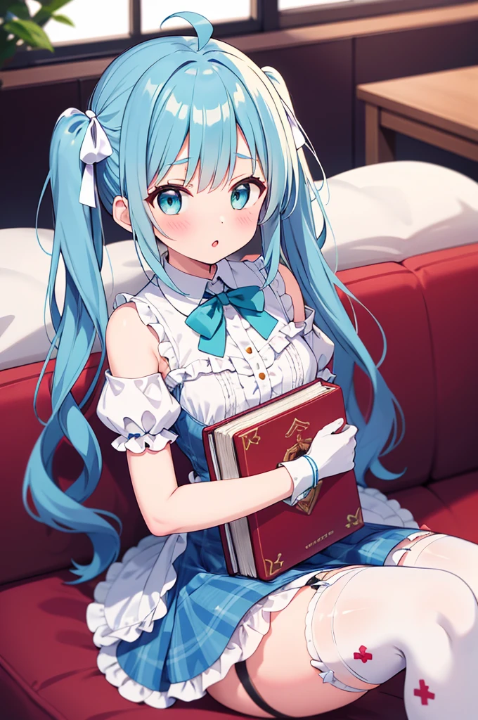 girl, charmy-angle, looking at viewer, blue bow, frills, striped bow, frilled dress, white thighhighs, white dress, long hair, dress bow, 1girl, cross-laced clothes, blue eyes, window, puffy short sleeves, detached sleeves, white gloves, short sleeves, :o, couch, twintails, bow legwear, light blue hair, sea foam green hair, bow print, holding, book, blue dress, ahoge, plaid dress, book stack, dutch angle, on couch, indoors, stuffed animal, white legwear, off shoulder, white bow, hair bow, long hair, diagonal-striped bow, parted lips, medium hair, blush, neck ribbon, short hair, blue ribbon, curtains, green bow, white collar, object hug, bear print, hair ribbon, bare shoulders, eyebrows visible through hair, frilled legwear, detached collar, blue dress, garter straps, teddy bear, stuffed toy, frilled thighhighs, blurry, sitting, frilled bow, print skirt, bear shaped bag, puffy sleeves