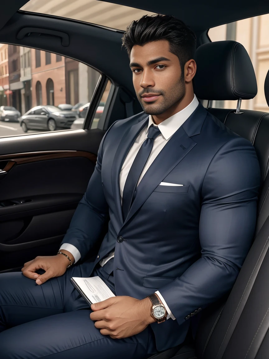 8K,8K resolution,2 Muscular Europeans, handsome man,charming eyes,dark skin,beautiful, smooth and shiny,Full muscles,Thick body hair, (wearing a stylish suit),big bag highlights,Excellent j8,emphasize,Driving a luxury convertible,The car is full of roses,Two men smiling happily,professional lighting,Professional photography,Realistic photos,realistic model,realistic art,Perfect hand details