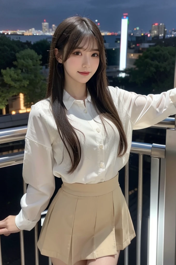 (masterpiece:1.3), (best quality:1.1), (8k, ultra detailed, ultra high res:1.2), ((anime style)), perfect 5 fingers, perfect anatomy, on right,
1girl, A-line skirt, Beige skirt, ((black blouse)),
BREAK long hair, wavy hair, black hair,
(small breasts:0.9), smile, BREAK looking away,
cowboy shot, standing, leaning back,
(detailed background:1.2), outdoor, outside, ((Night city view:1.3)), skyline,
