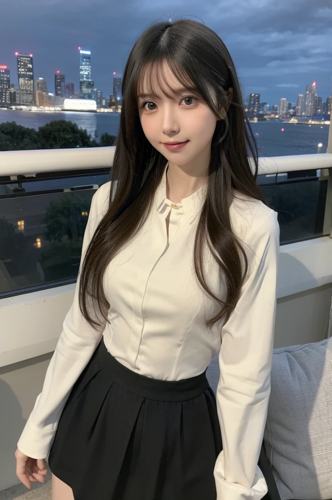 (masterpiece:1.3), (best quality:1.1), (8k, ultra detailed, ultra high res:1.2), ((anime style)), perfect 5 fingers, perfect anatomy, on right, 
1girl, A-line skirt, Beige skirt, ((black blouse)), 
BREAK long hair, wavy hair, black hair, 
(small breasts:0.9), smile, BREAK looking away, 
cowboy shot, standing, leaning back, 
(detailed background:1.2), outdoor, outside, ((Night city view:1.3)), skyline, 
