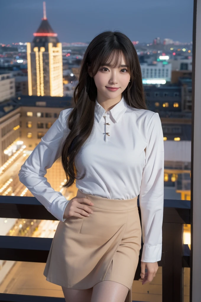 (masterpiece:1.3), (best quality:1.1), (8k, ultra detailed, ultra high res:1.2), ((anime style)), perfect 5 fingers, perfect anatomy, on right, 
1girl, A-line skirt, Beige skirt, ((black blouse)), 
BREAK long hair, wavy hair, black hair, 
(small breasts:0.9), smile, BREAK looking away, 
cowboy shot, standing, leaning back, 
(detailed background:1.2), outdoor, outside, ((Night city view:1.3)), skyline, 