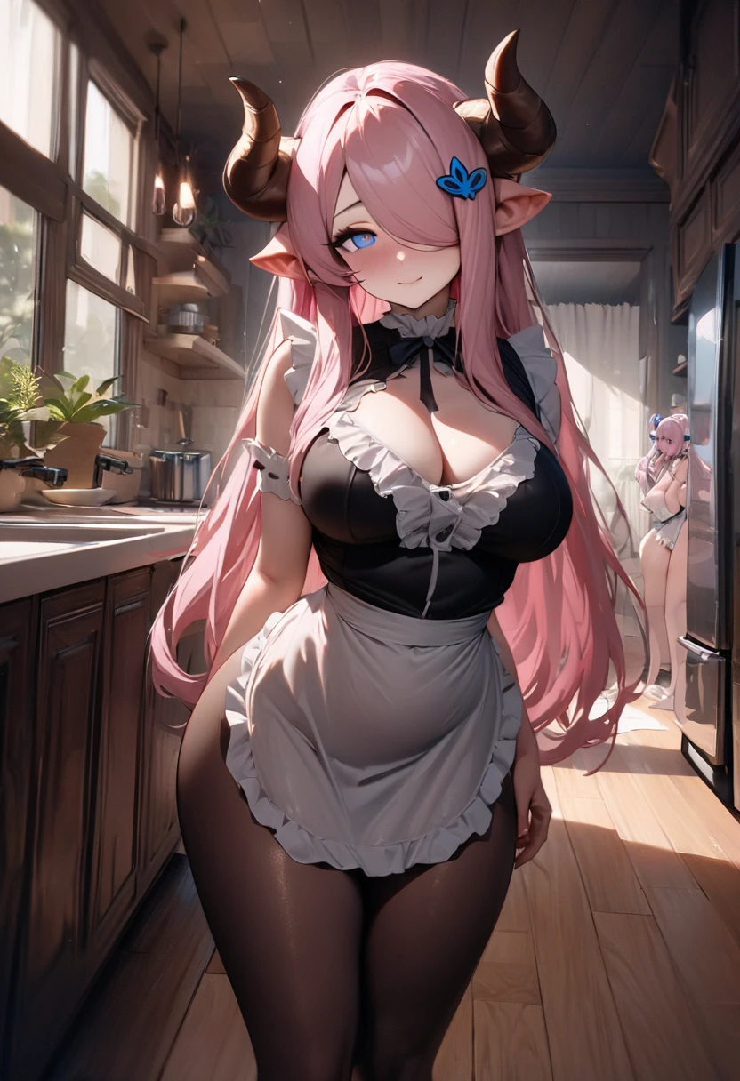 The perspective of this image is from several feet away and gives a full body view of Narmaya. Narmaya is standing in a living room. She is wearing a French maid outfit that leaves little to the imagination. Her expression is extremely seductive and confident. The image is life-like and semi-realistic. Extreme detail has been put into the shading. It's a masterpiece of erotic art. (masterpiece), best quality, expressive eyes, perfect face, seductive, erotic, 8k, absurdres, narmaya, pink hair, blue eye with pink pupil, hair over eye, draph, brown horns, butterfly hair clip, (masterpiece), best quality, expressive eyes, perfect face, narmaya, kitchen, living room, standing, light smile,
