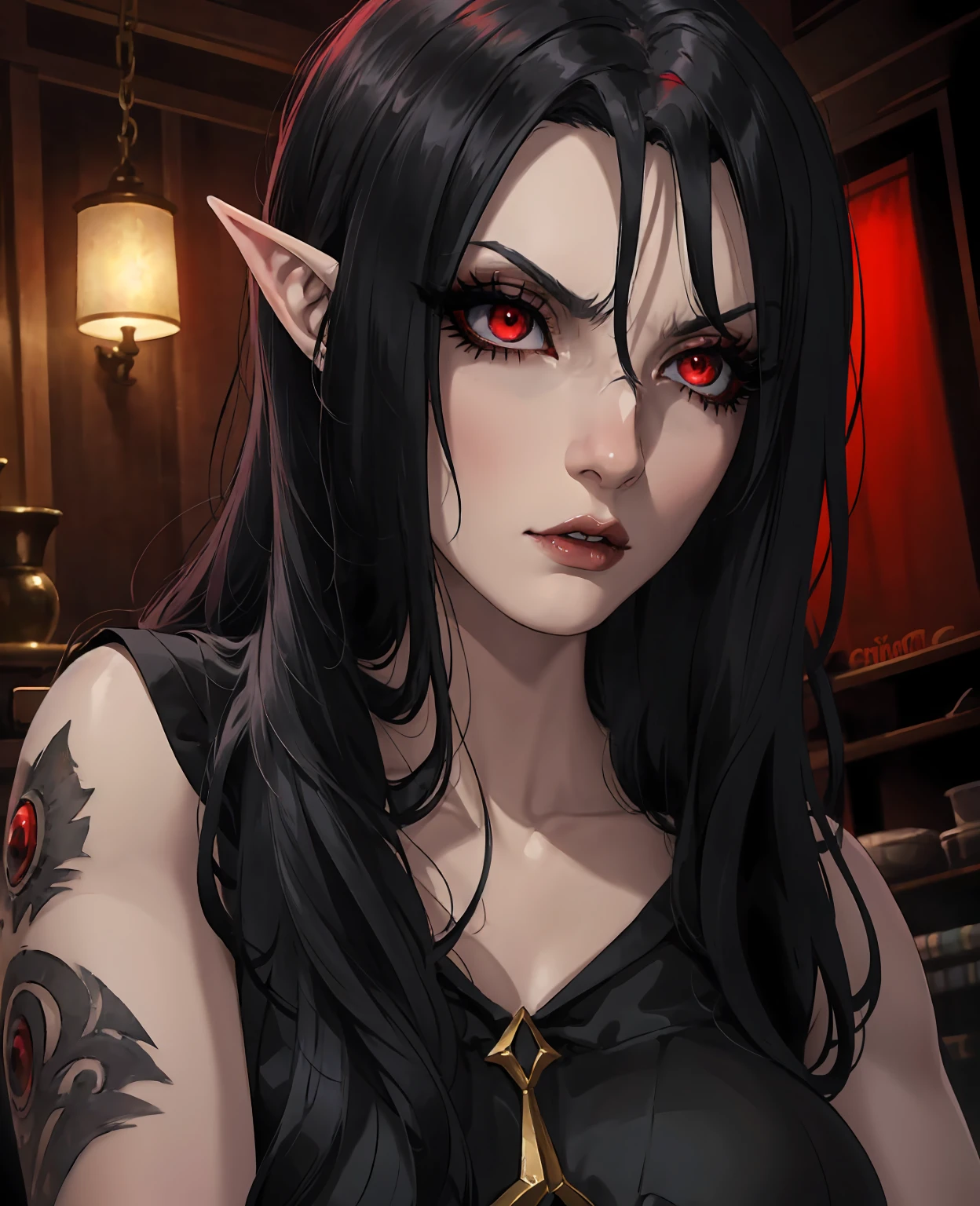 a devilish woman with black hair, pale skin, and red eyes, wearing an elf-like costume, in a dark and mysterious setting, 1woman, detailed face, beautiful detailed eyes, beautiful detailed lips, extremely detailed eyes and face, long eyelashes, dark fantasy, dark gothic, dark atmosphere, dark lighting, dramatic lighting, chiaroscuro, moody, cinematic, surreal, conceptual, digital painting, cinematic lighting, dark magic, occult, mystical, ethereal, dramatic
