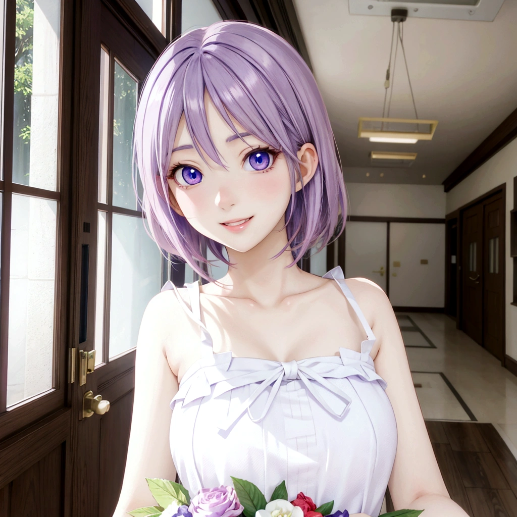 Blue Eyes、Toothy smile、Anime girl with purple hair and white top standing in a hallway, Realistic Anime 3D Style, Cute realistic portrait, My Dress Up Darling Anime, Semi-realistic anime, Semi-realistic anime style, Anime-style 3D, Realistic young anime girl, Smooth anime CG art, 3D Anime Real, Semi-realistic anime, Stylized anime, Cute Anime Girl