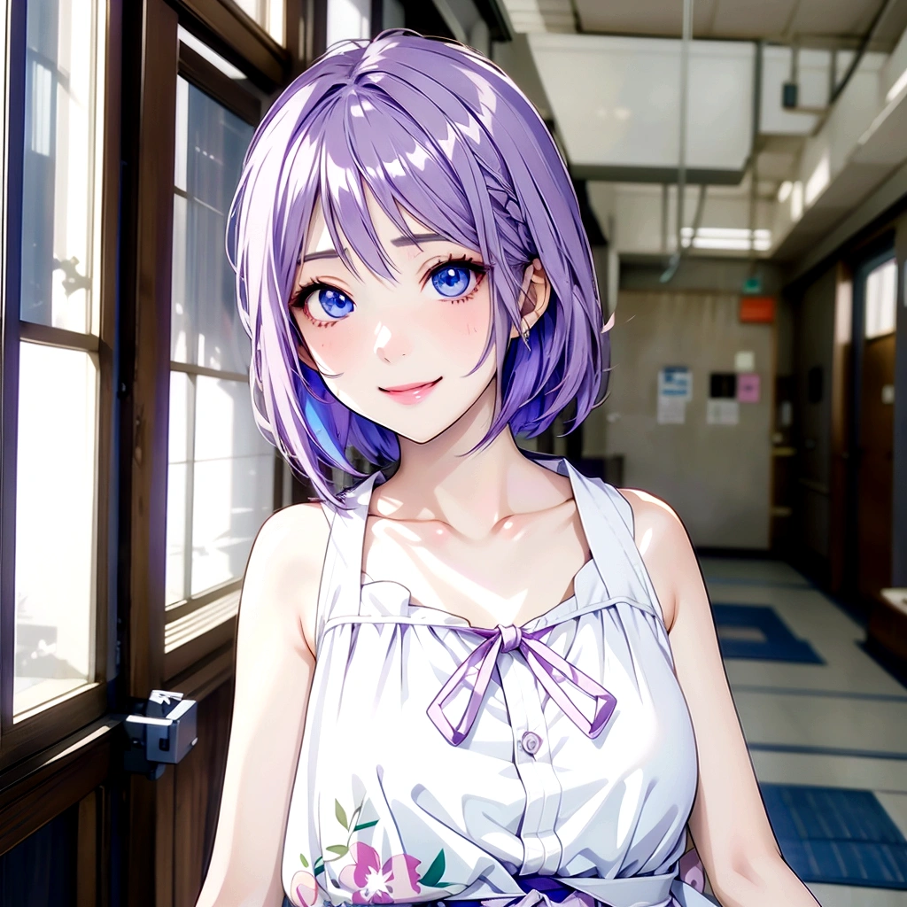 Blue Eyes、Toothy smile、Anime girl with purple hair and white top standing in a hallway, Realistic Anime 3D Style, Cute realistic portrait, My Dress Up Darling Anime, Semi-realistic anime, Semi-realistic anime style, Anime-style 3D, Realistic young anime girl, Smooth anime CG art, 3D Anime Real, Semi-realistic anime, Stylized anime, Cute Anime Girl