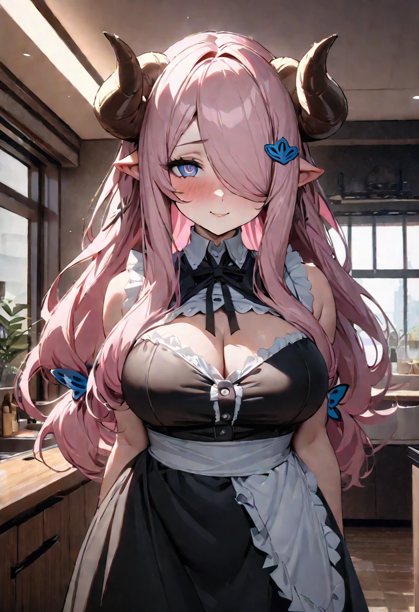 The perspective of this image is from several feet away and gives a full body view of Narmaya. Narmaya is standing in a living room. She is wearing a French maid outfit that leaves little to the imagination. Her expression is extremely seductive and confident. The image is life-like and semi-realistic. Extreme detail has been put into the shading. It's a masterpiece of erotic art. (masterpiece), best quality, expressive eyes, perfect face, seductive, erotic, 8k, absurdres, narmaya, pink hair, blue eye with pink pupil, hair over eye, draph, brown horns, butterfly hair clip, (masterpiece), best quality, expressive eyes, perfect face, narmaya, kitchen, living room, standing, light smile,
