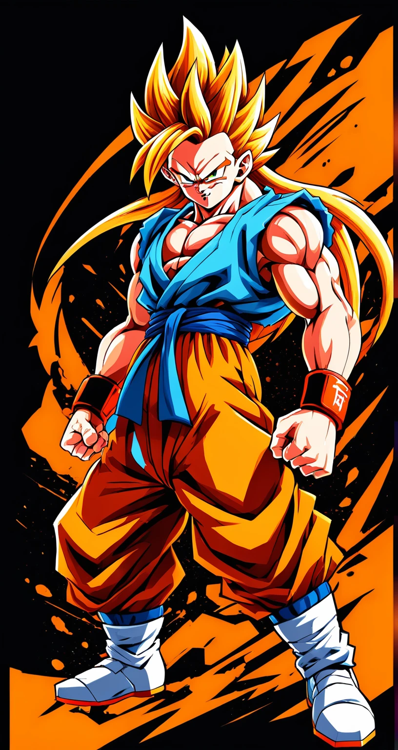 Gogeta style fighting game, Hip-Hop Style, t shirt design, flat-colors, vectorial art,  ((black backdrop)) . dynamic, Vibrant, full of action, detailed character design, reminiscent of fighting video games