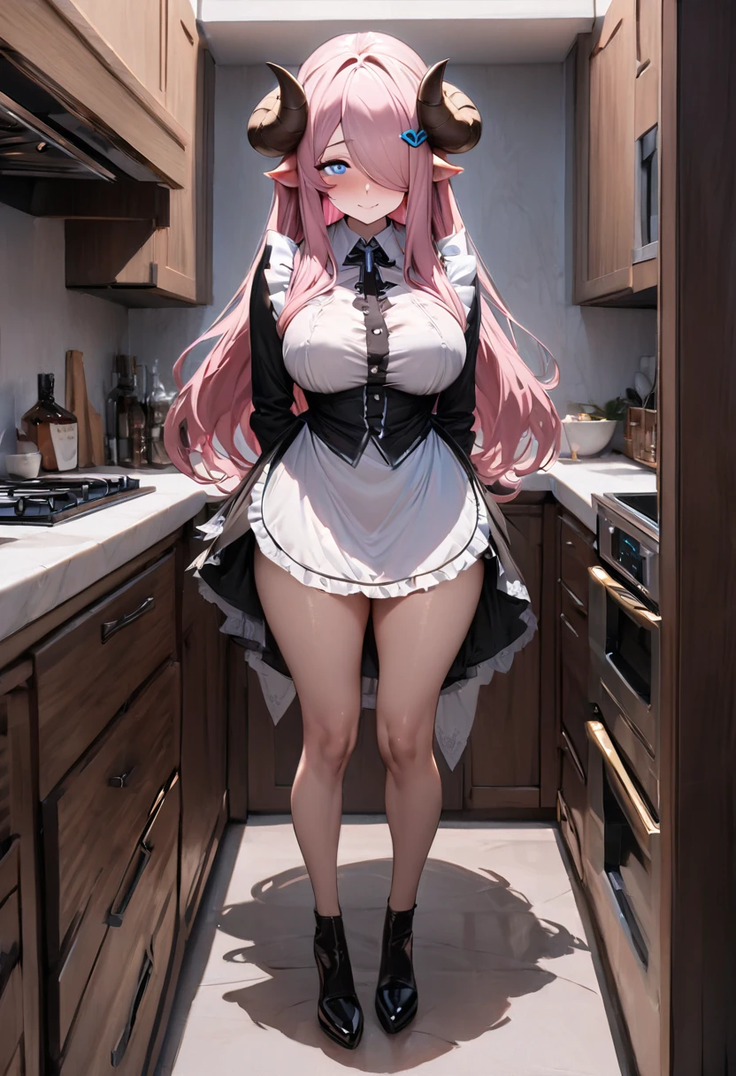 The perspective of this image is from several feet away and gives a full body view of Narmaya. Narmaya is standing in a living room. She is wearing a French maid outfit that leaves little to the imagination. Her expression is extremely seductive and confident. The image is life-like and semi-realistic. Extreme detail has been put into the shading. It's a masterpiece of erotic art. (masterpiece), best quality, expressive eyes, perfect face, seductive, erotic, 8k, absurdres, narmaya, pink hair, blue eye with pink pupil, hair over eye, draph, brown horns, butterfly hair clip, (masterpiece), best quality, expressive eyes, perfect face, narmaya, kitchen, living room, standing, light smile,