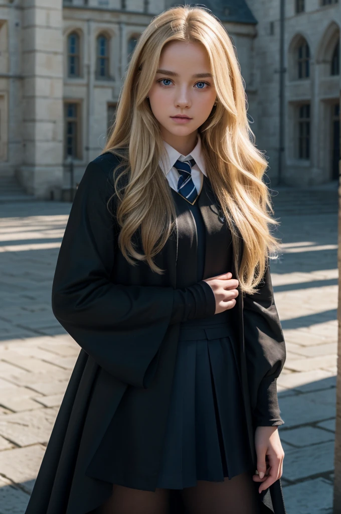 best quality, 8k, very delicate and beautiful, highly detailed face and skin texture, shiny skin, high resolution, beautiful blond long hair age girl wearing black hogwarts uniform and blue stripes stand in front of castle, revenclaw, sharp focus