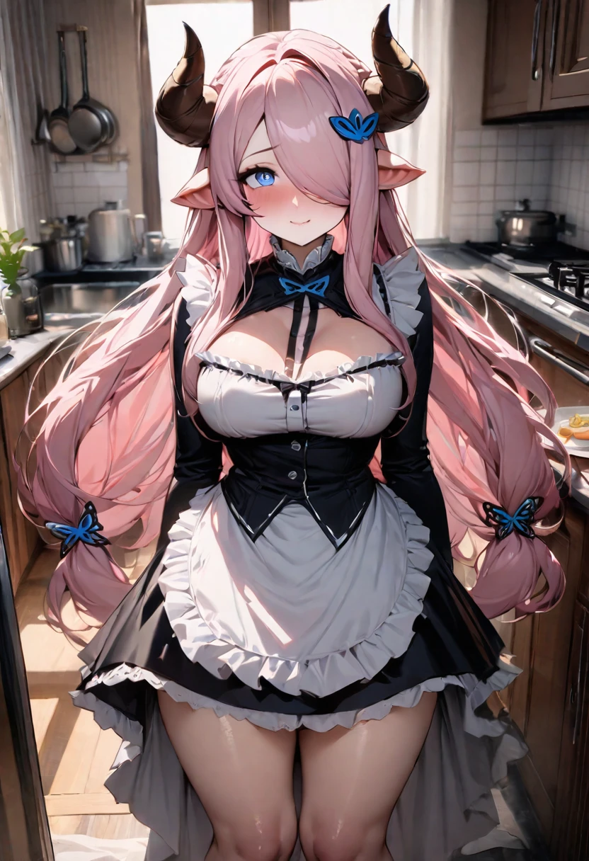 The perspective of this image is from several feet away and gives a full body view of Narmaya. Narmaya is standing in a living room. She is wearing a French maid outfit that leaves little to the imagination. Her expression is extremely seductive and confident. The image is life-like and semi-realistic. Extreme detail has been put into the shading. It's a masterpiece of erotic art. (masterpiece), best quality, expressive eyes, perfect face, seductive, erotic, 8k, absurdres, narmaya, pink hair, blue eye with pink pupil, hair over eye, draph, brown horns, butterfly hair clip, (masterpiece), best quality, expressive eyes, perfect face, narmaya, kitchen, living room, standing, light smile,
