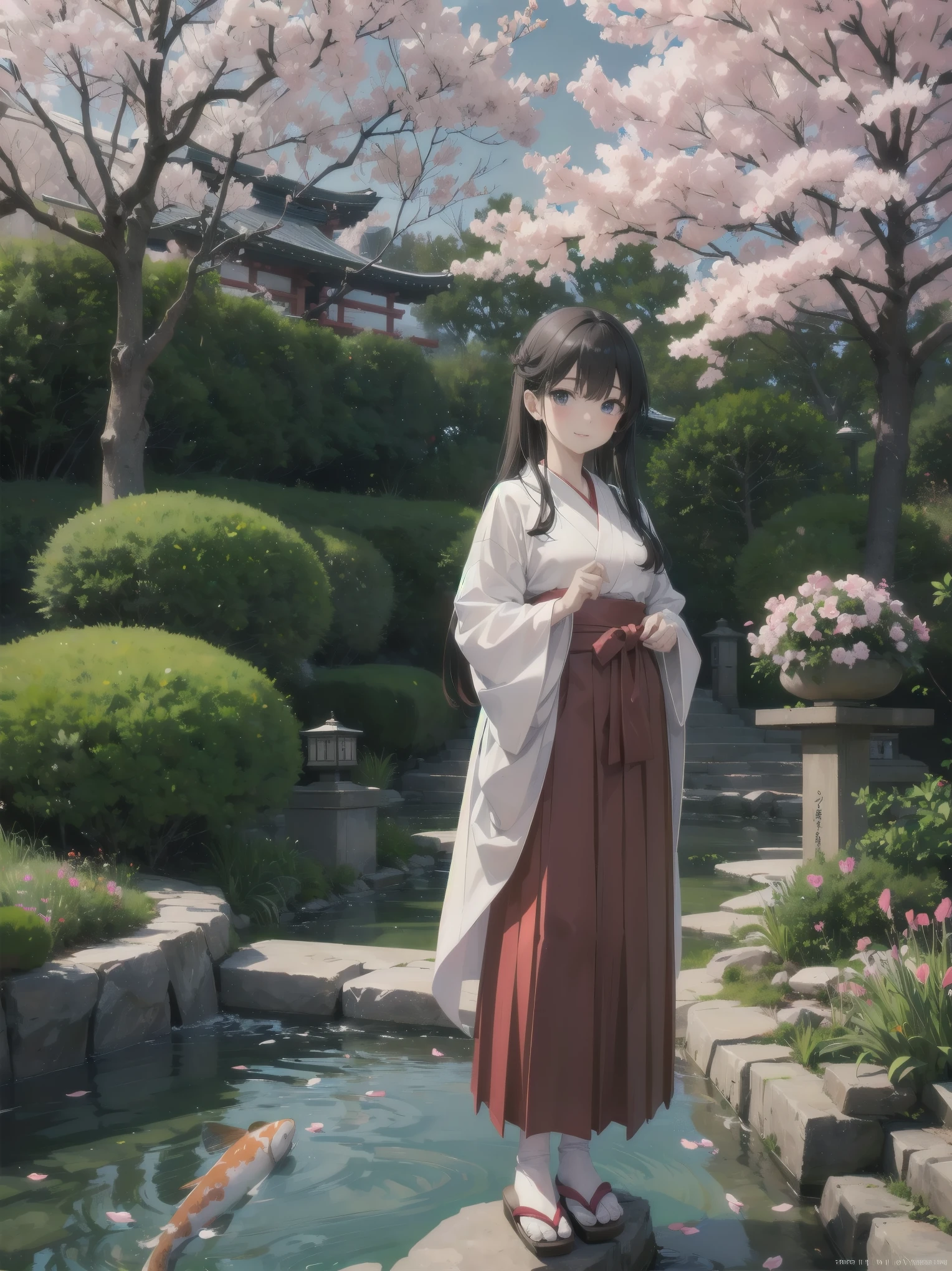(Masterpiece: 1.2), (Best quality: 1.2), Superb resolution, Very detailed. BREAK. ((Anime girl in cute traditional Japanese school uniform)), clear girl, (1, Serene, : 1.3), gentle smile, graceful pose, long straight hair, calm eyes, slender figure, (Top quality: 1.2), very high resolution, very detailed. Expressive eyes, beautifully detailed lips, high resolution detailed hair, perfect face, porcelain skin, elegant hands, perfect lighting. BREAK. ((Modern take on traditional hakama uniform)), ((White kimono-style top, red hakama skirt: 1.3)), cherry blossom embroidery, geta sandals. BREAK. (Traditional Japanese school garden), zen rock garden, koi pond, cherry blossom trees, (cowboy shot composition: 1.2). BREAK. ((Positive: 1.3)). BREAK. Digital animation art, traditional anime style illustration