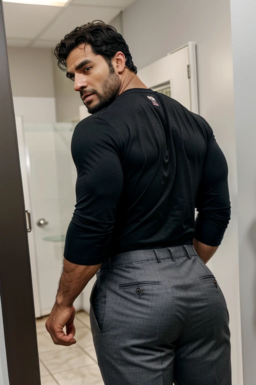 A Hispanic black man with a face that looks like Henry Cavill. black man, His body is muscular and he has a toothed beard.. Big , in a moment of reflection. full body. Black Fajada shirt, semi formal clothing, grey pants, backside.